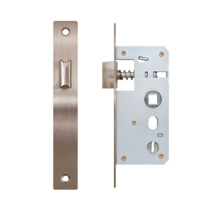 Slim Latch Square, Striking Plate & Fixing Screw Satin Steel